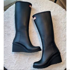 Hunter Black Wedge Heeled Rain Boots